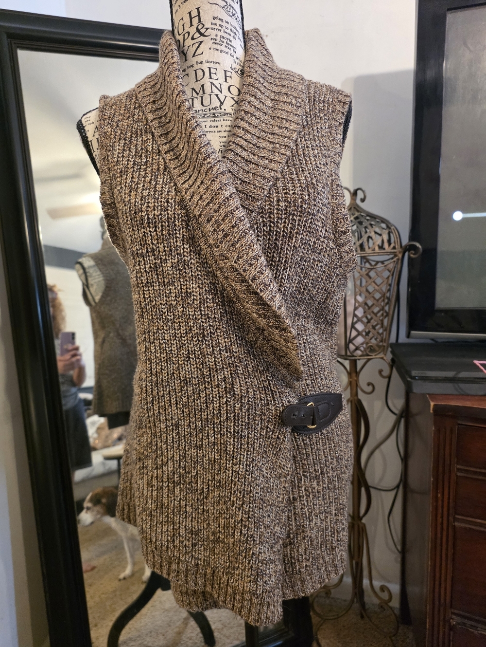 Brown Shawl-Collar Knit Womans  Sweater Vest